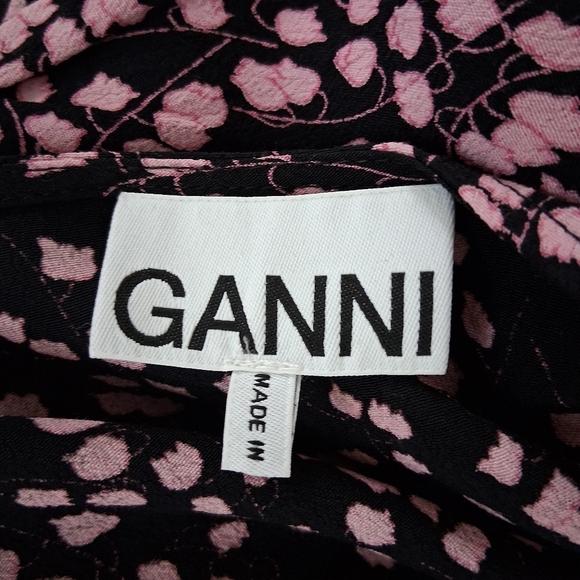 Ganni Floral Flounce Pink and Black Wrap Blouse Size 32, U.S XS - Picture 8 of 10